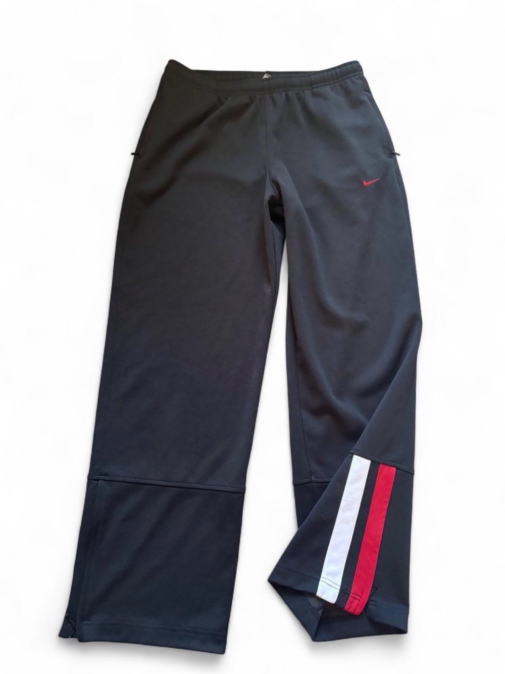Vintage Y2K Nike Wide Leg Athletic Track Pants - Black w/ Red White Stripe XL